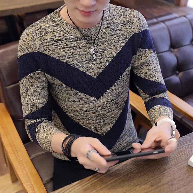 

Wintumn новый зимний мужской свитер в полоску Розовый Красный Свитер Приталенный пуловер мужская Трикотажная Одежда с круглым вырезом