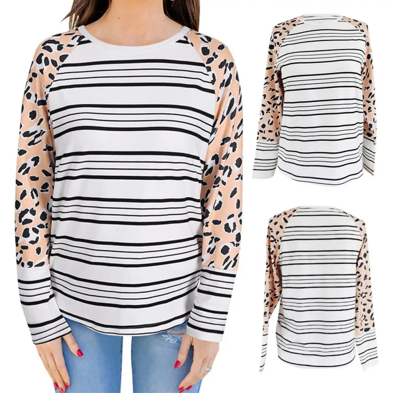 

Spring Autumn Striped Women T-Shirts Patchwork Design O-Neck Long Sleeve Color Matching Pullovers Top for Ladies