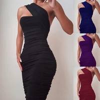 sexy slim fit plus size female tight dress 2021 women ladies fashion one shoulder sleeveless solid color party bodycon dress