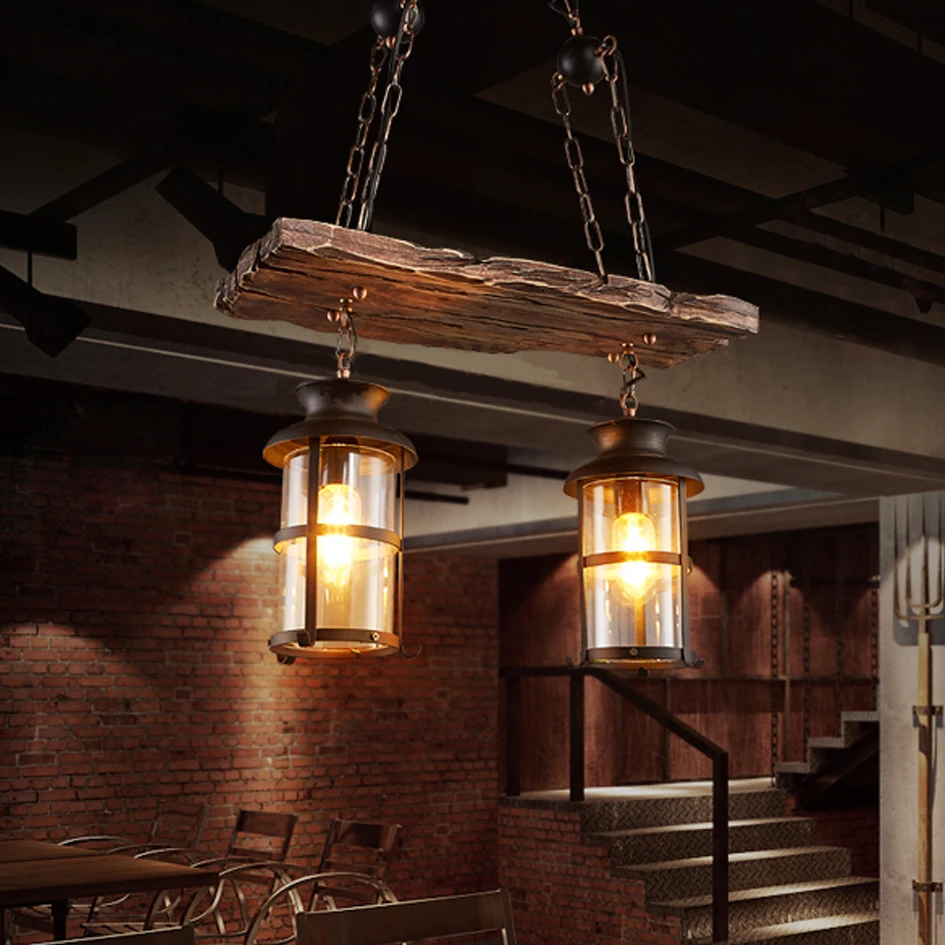 Винтажная люстра EKOO E27 в стиле индастриал деревянная железная лампа s 2