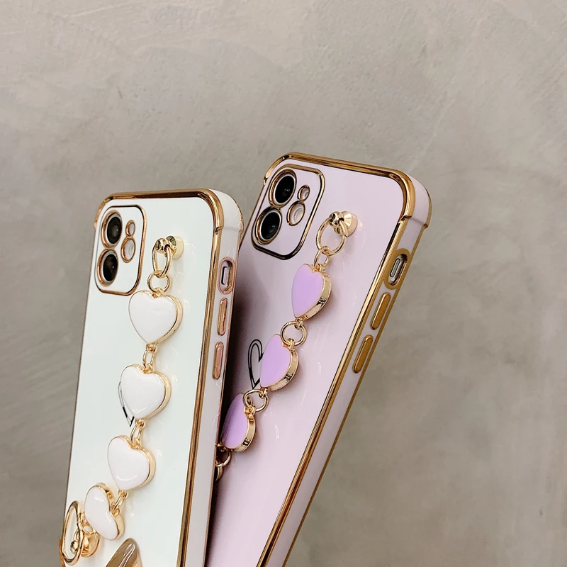 

Soft Electroplated Love Heart Phone Case For iPhone 11 12 Pro Max XS X XR 7 8 Plus mini SE 2020 Bracelet Shockproof Cases Cover
