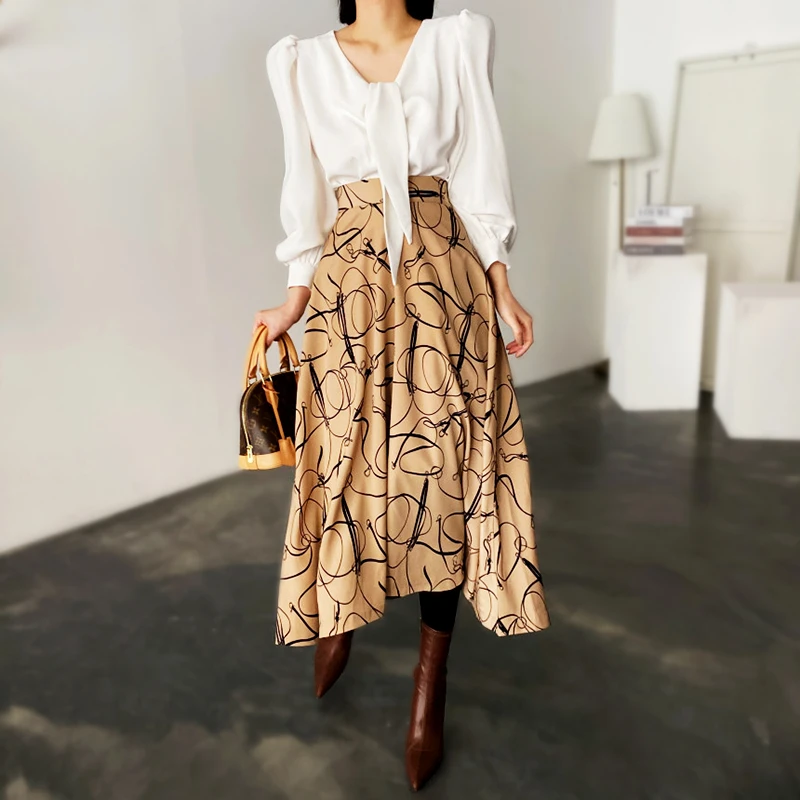 

Elegance Ladies Skirt Korea Fashion Women's Skirt Chic Vintage Geometric Pattern High Waist A-Line Skirts Woman Clothes SL190