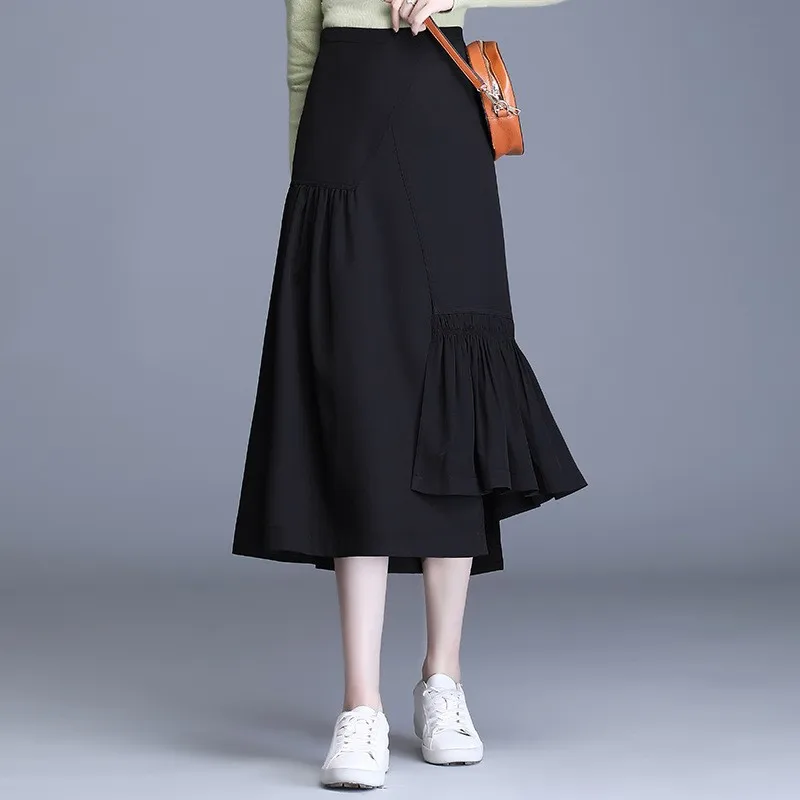 

New Irregular Pleated Skirt Women Long Midi High Waist A-Line Casual Large Swing Solid Color Spring Summer Elegant Female