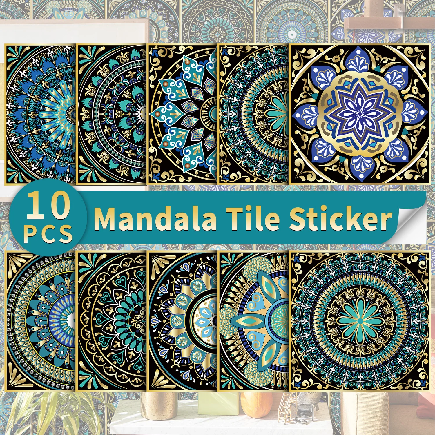 

10pcs Mandala Tile Stickers Self-Adhesive Kitchen Bathroom Wall Decoration Art Decals Peel & Stick Waterproof Pvc Thickened Flim