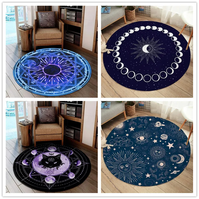 Eclipse Round Carpet Moon Star Witchcraft Carpet for Living Room Galaxy Non-slip Mat Rugs Blue Decorative Floor Mat