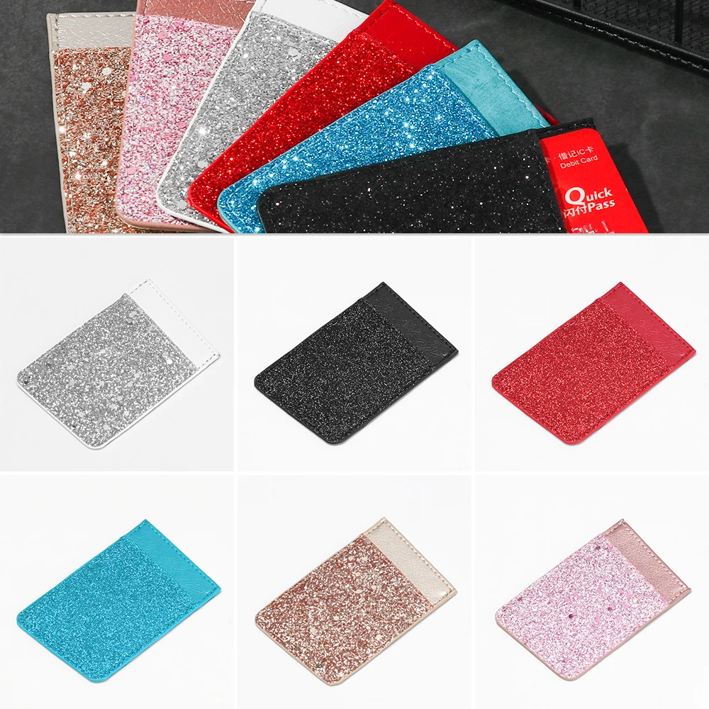 1PC PU Leather Sequins Cell phone Pocket Credit Card Holder For Phone Card Holder Sticker Adhesive Pouch Wallet Case