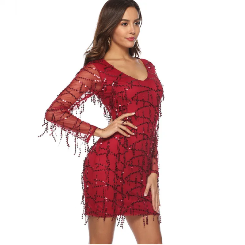 

#1810 Summer Pencil Dress Women With Tassel Sexy Mini Dresses Ladies V Neck Long Sleeve Mesh Shiny Sequins Dress With Zipper