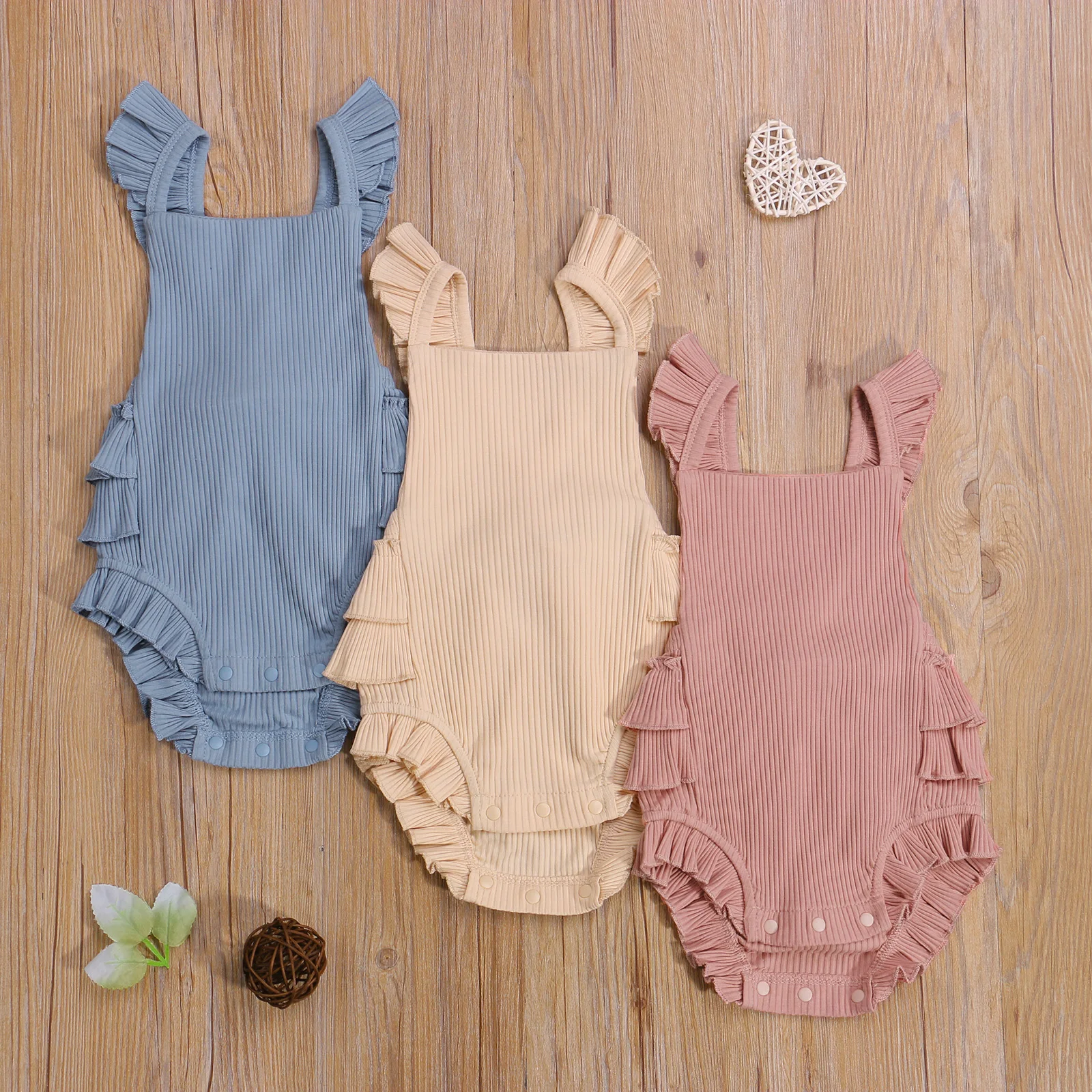 

Baby Solid Color Ribbed Romper, Girls Sleeveless Square Collar Short Jumpsuit with Ruffles