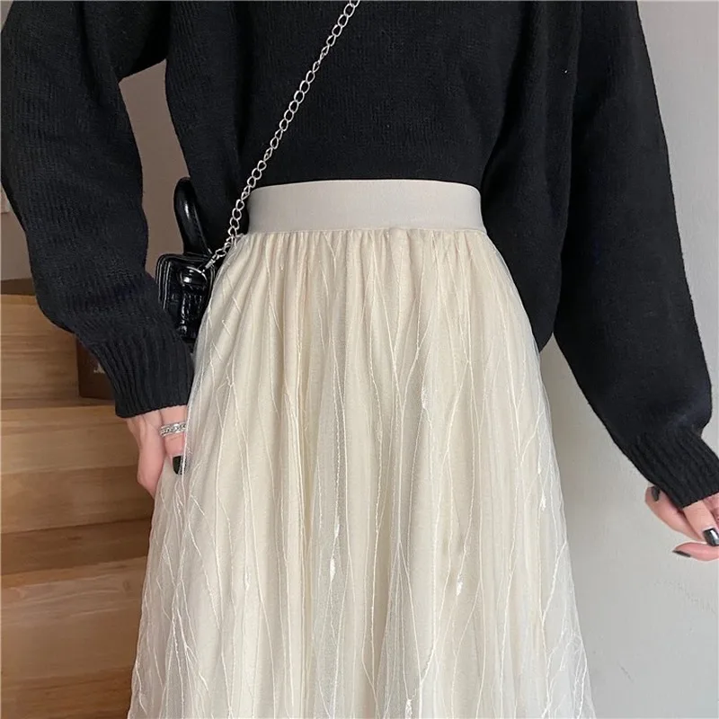 

Skirts Women Mesh Pleated Elastic Waist Beading Skirt Womens Elegant Gentle Fashion Bottom Chic Fashion Personalized Streetwear