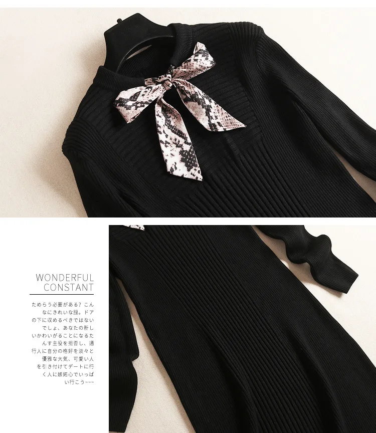 

New Knitted Mid Long Dress For Women Sweet Aline Loose Printed Cute Bow Dresses Lady Winter Basic Elegant Black Party Vestidos