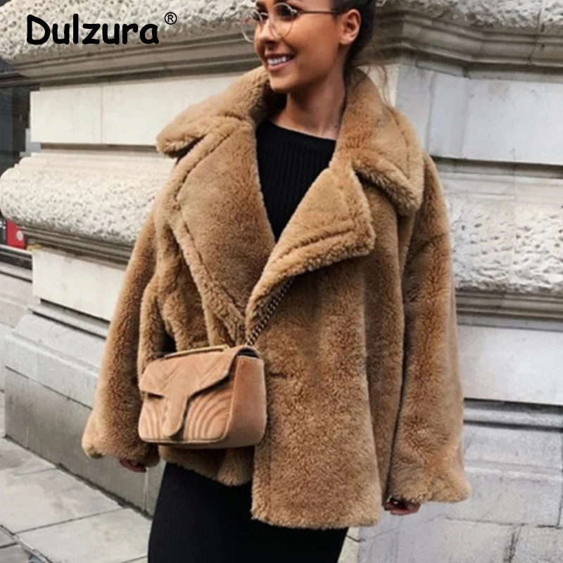 Classic Turn-down Collar Solid Faux Fur Jacket Coat Women 2019 Winter Warm Thicken Fake Lamb Overcoats Basic Soft Plush Overwear | Женская