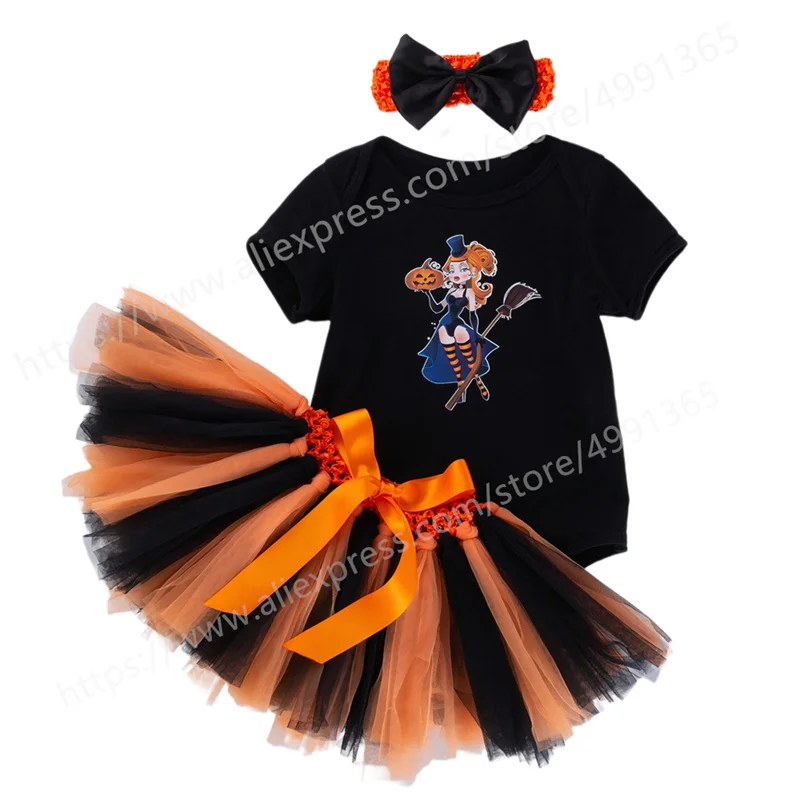 

Halloween Toddle Infant Baby Girl Clothes Romper Pumpkin Skirt Outfit Set with Headband Cosplay Costume
