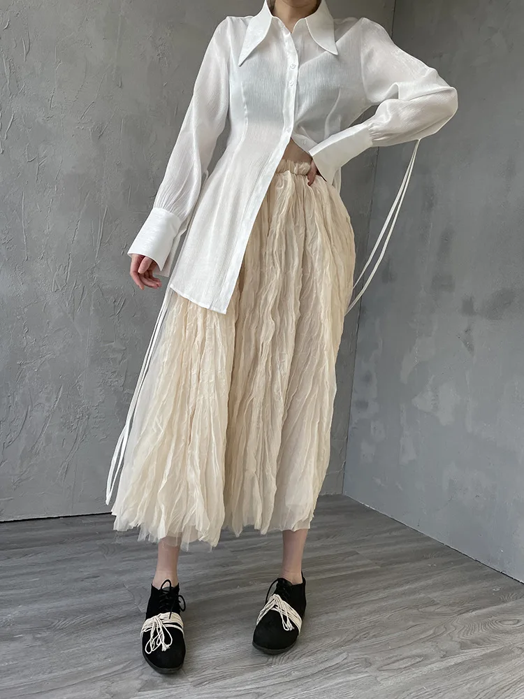 

[DEAT] Spring New Lapel Glossy Top With Bandage Long Sleeve White Shirt Solid Color With Backing 2021 Spring And Summer GX1020