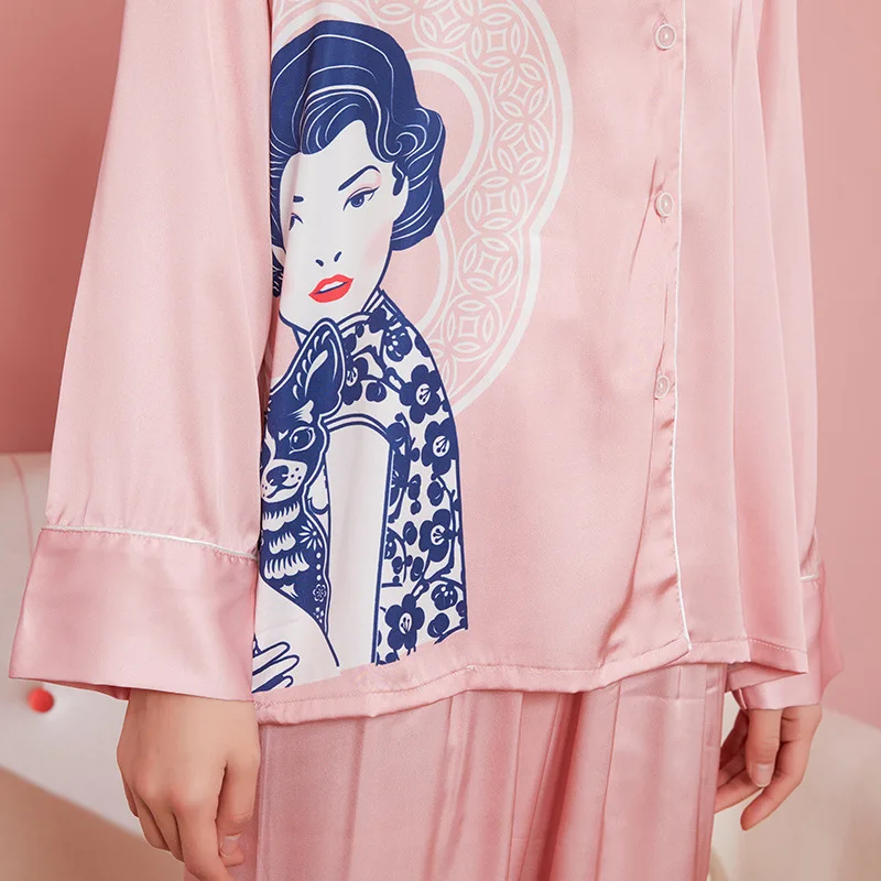

Women Pink Satin Print Pajamas Set Long Sleeve Trousers Pijama Sleepwear Loungewear Pyjama Mujer