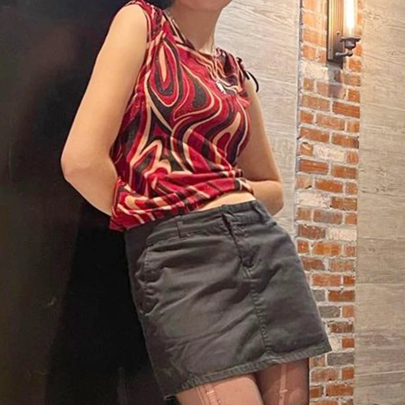 

Paisley Printed Bandage Y2K Crop Tops Women Cute 2021Fashion Tie Dye Summer Sleeveless Casual Tee Red Tank Top Vest Streetwear