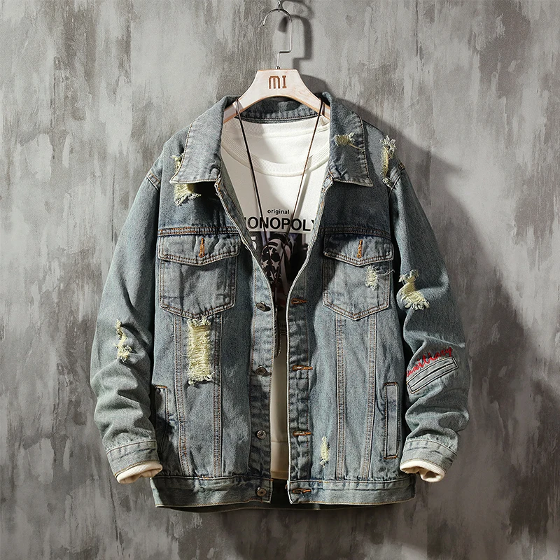 

Куртка мужская джинсовая с дырками, повседневная верхняя одежда в стиле сафари, Корейская трендовая красивая из денима, размеры 4XL