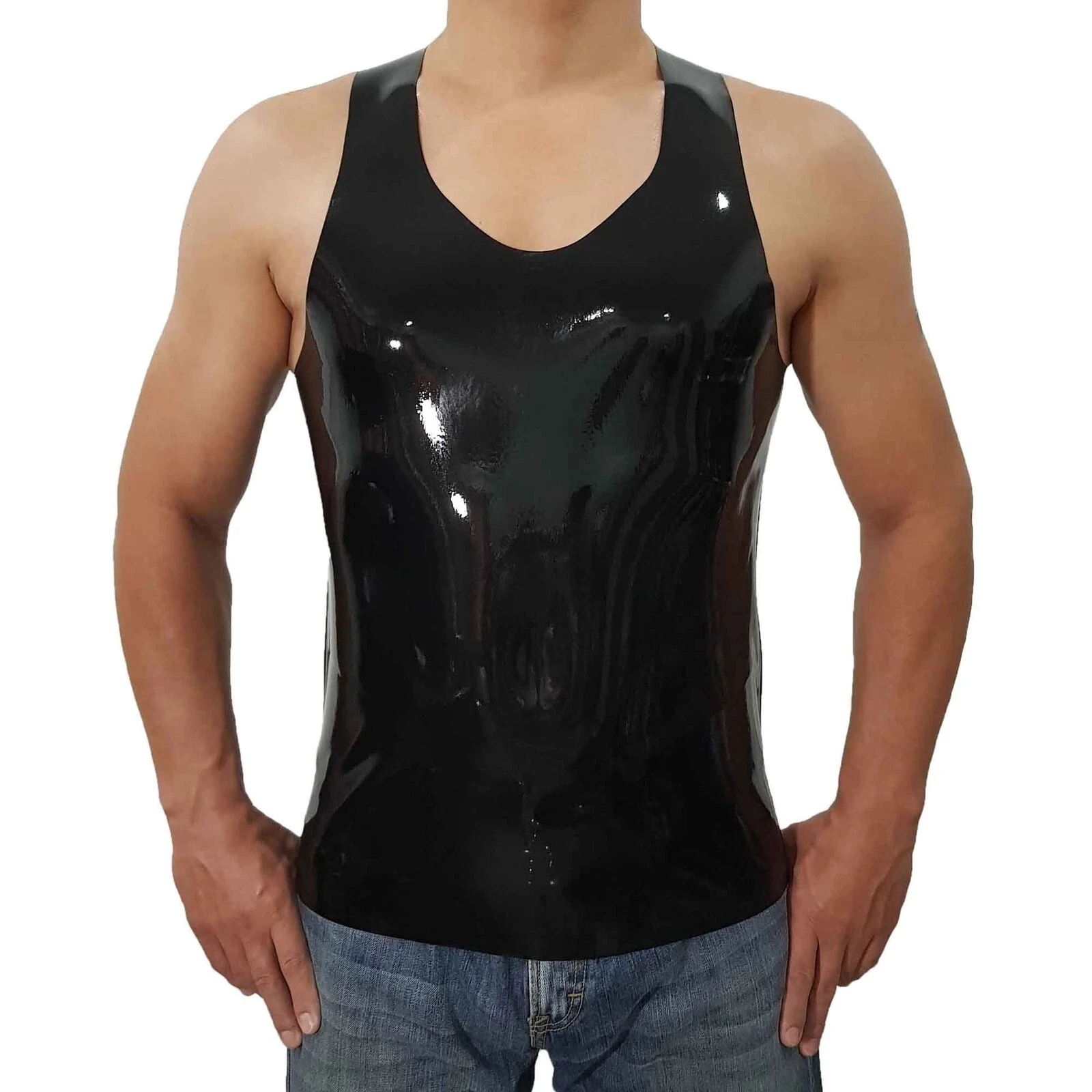 

Handmade Black Mens Fetish Exotic Latex Rubber Gummi Tank Tops Undershirt Muscle Shirt