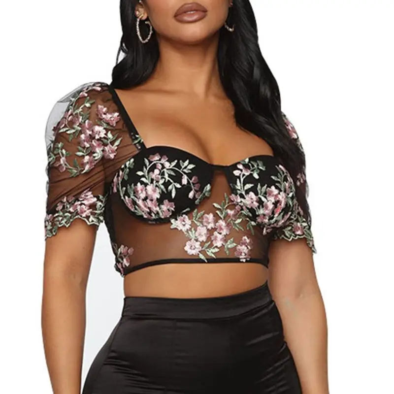 Женский укороченный топ с пышными рукавами прозрачная сетчатая Сексуальная