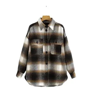 Женская клетчатая куртка, винтажная куртка контрастных цветов с карманами и отложным воротником, Повседневная Уличная одежда для девочек