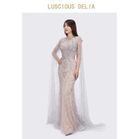 fashion ladies luxury heavy beaded o neck mermaid nude gowns party dress with cape arabic women wedding party evening dresses