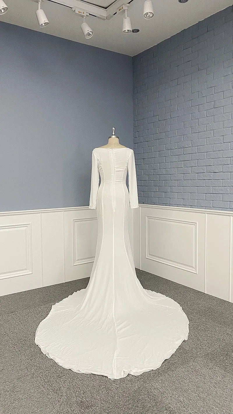 

Real Picture In Stock Wedding Dress Long Sleeve Bateau Neck Two Layers Mermaid Bridal Gowns