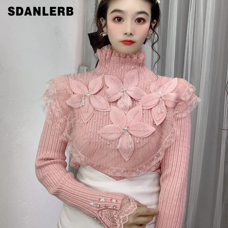 

Heavy Industry Dignified Flowers Crystal Beaded Lace Patchwork Knitted Pullover Ruffled Sequin Lace Slimming Bottoming Sweater