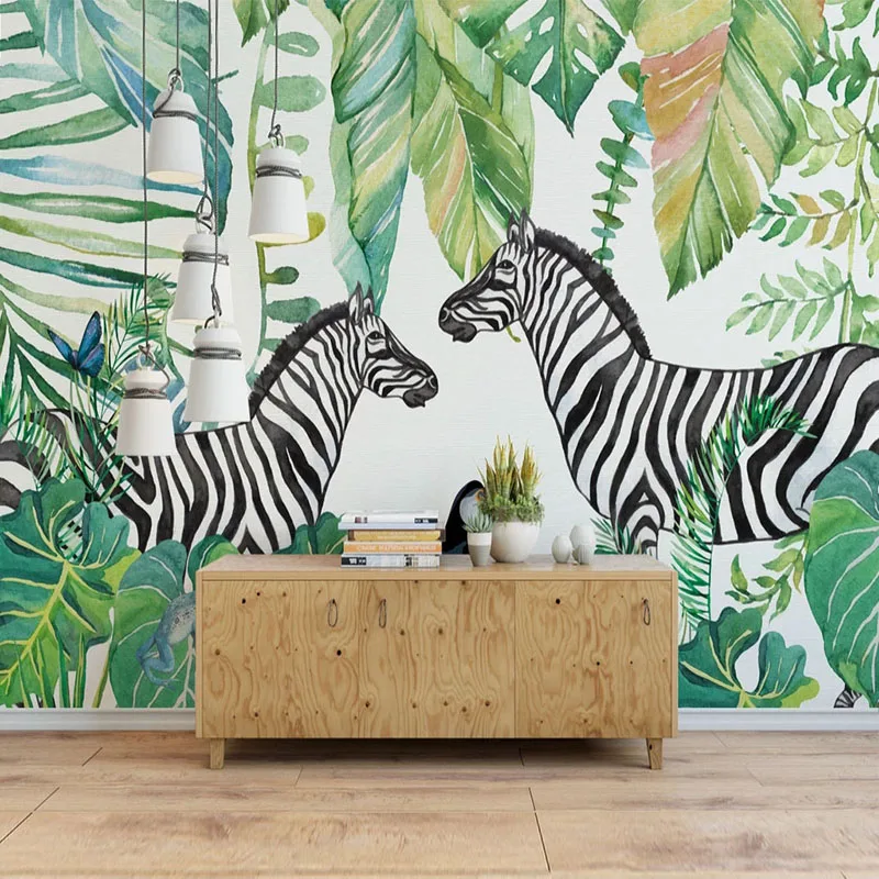 Custom Mural 3D Hand Painted Green Leaf Zebra Parrot Photo Background Wall Painting Living Room Kids Bedroom Home Wallpaper |