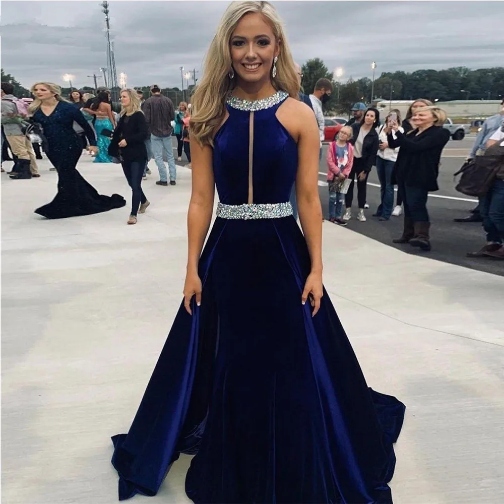 

Royal Blue Mermaid Prom Dresses Plus Size Crystals Open Back Evening Dress 2021 Women Party Gowns with Train