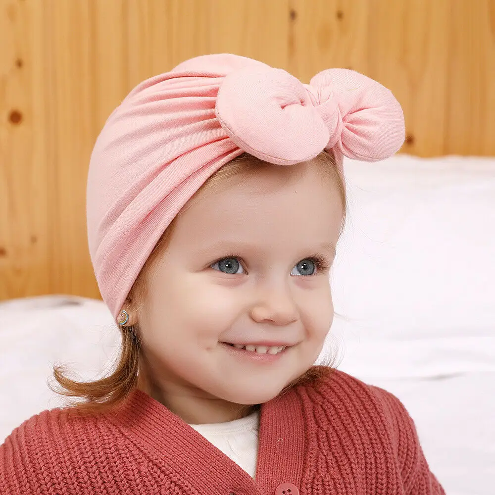 Newborn Toddler Baby Girls Turban Soft Silk Beanie Big Bow Hat Cap Wrap Headwear Headband Hats Accessories Candy Color Cute