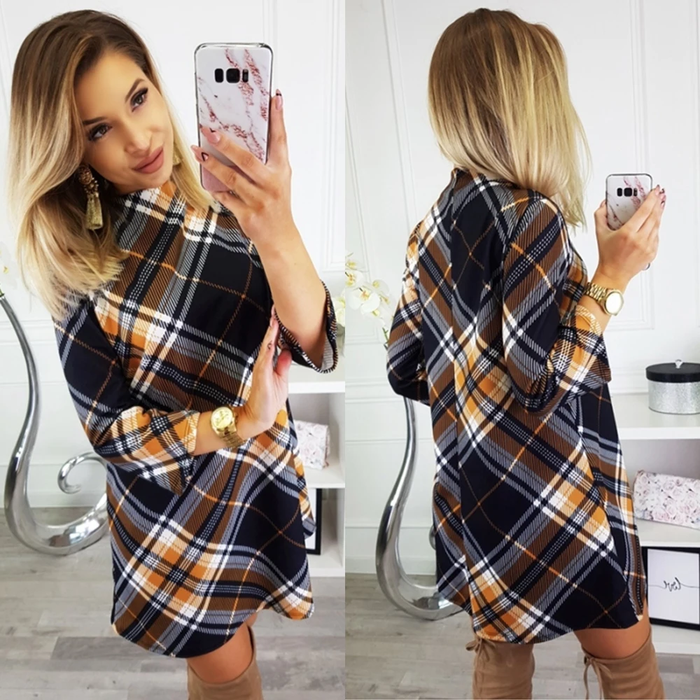 2019 осень и зима новая женская одежда женское клетчатое платье с длинным рукавом
