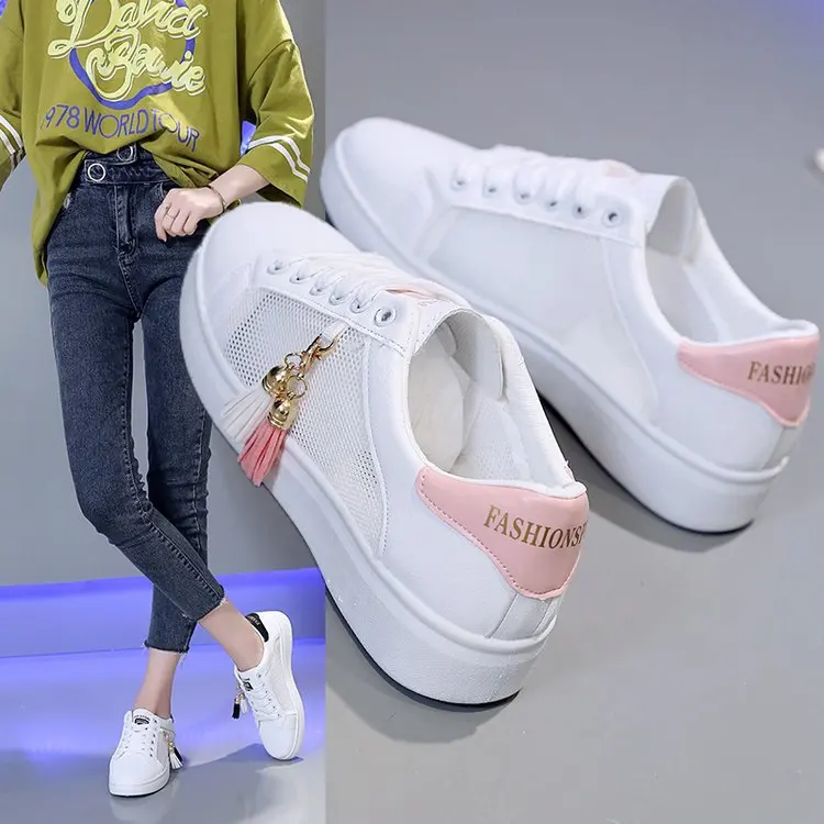 

2021 Spring New Mesh Breathable White Shoes Female Students Hollow Cross Strap Casual Sports Skate Shoes