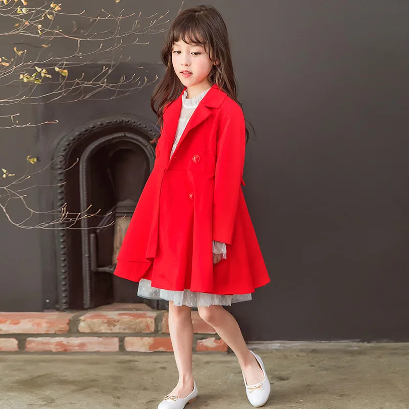 

Baby Girls Trench Coats for Students Jacket Solid Tops Kids Windbreaker Spring Autumn Teenagers Warm Outerwear