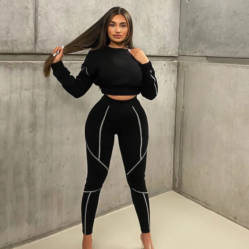 

Leggings Two-piece Suit Women 2021 Autumn and Winter Solid Color Short Top Casual Long-sleeved Trousers Suit
