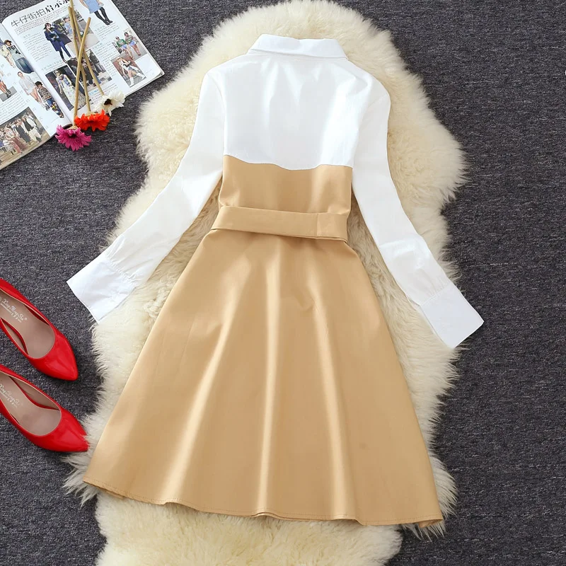 Платье женское с карманами приталенное элегантное офисное платье-рубашка поясом