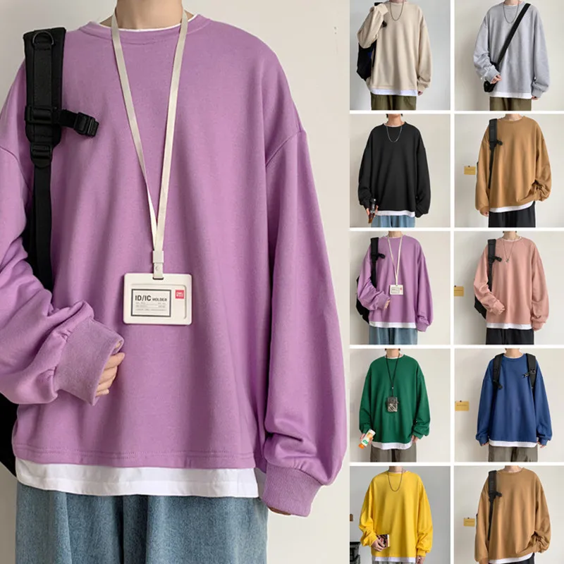 

Young Men Student Loose Casual Fake two-piece Hoodie O-Neck Long Sleeve Basic Top Pullover Costumes