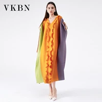 vkbn fashion summer dress patchwork pleated fabric short sleeve loose v neck petal sleeve industrial for women dress plus size