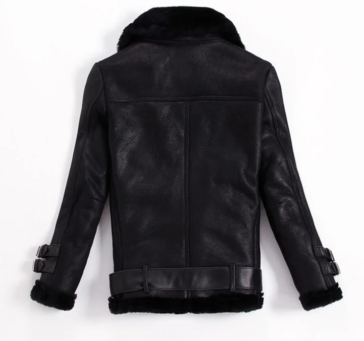 new 2022 winter lovers designer leather genuine sheepskin leather motorcycle jacket couple wool fleece lined coat black xxl