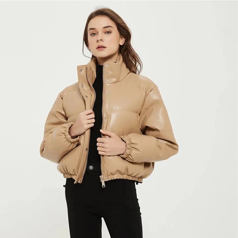 Fashion PU Leather Jackets Single Breasted Women Autumn Winter Parka 2021 Fahsion Solid Bread Coat Down Stand-up Collar Jacket