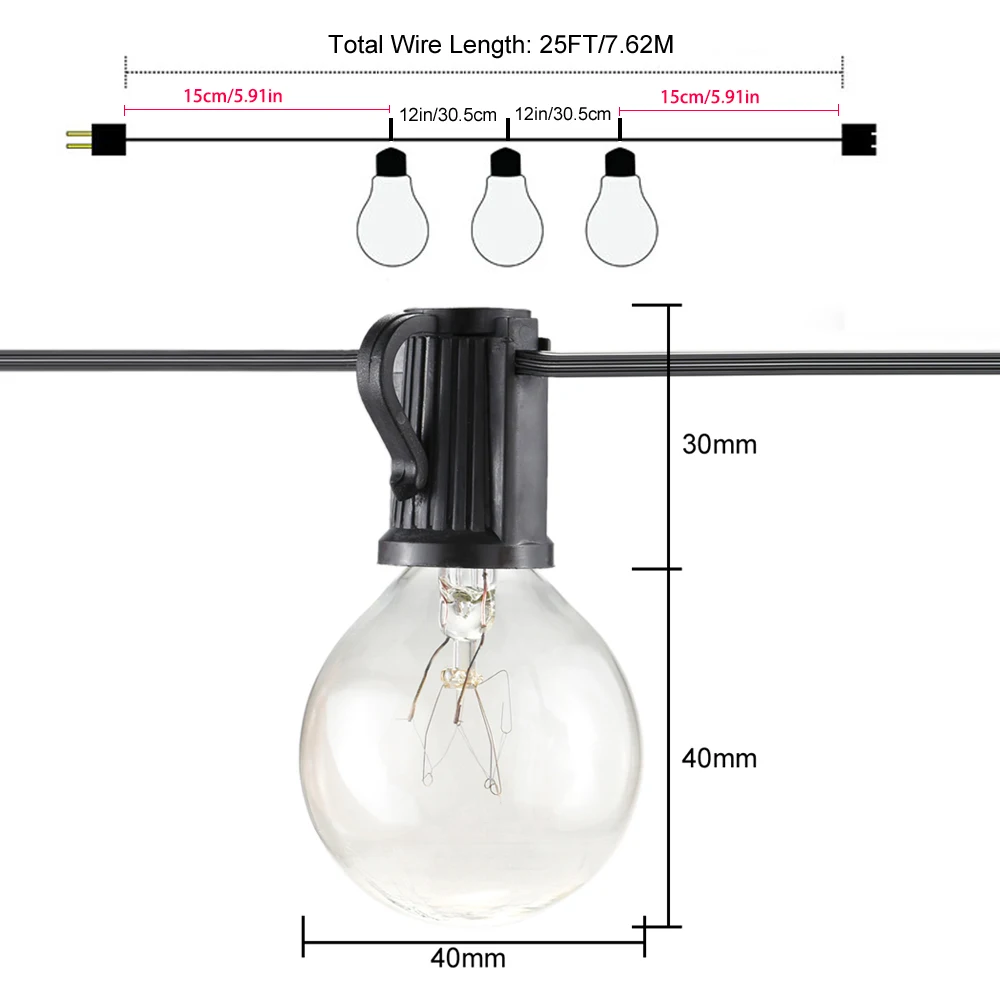 

Tomshine AC220V 175W VDE Listed 25FT E12 Base G40 Pack of 25 Globe Bulbs Incandescent String Strip Light Patio Warm White