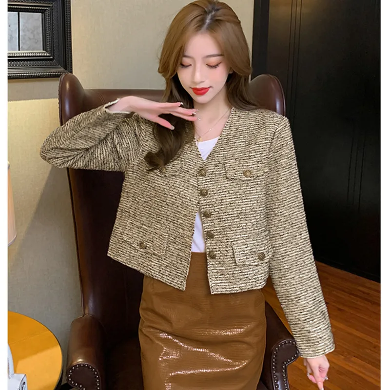 

New 2021 Small Fragrance Women Fashion Tweed Outerwear Autumn Winter Korean Woolen Blends Female Elegant Long Sleeve Jacket Coat