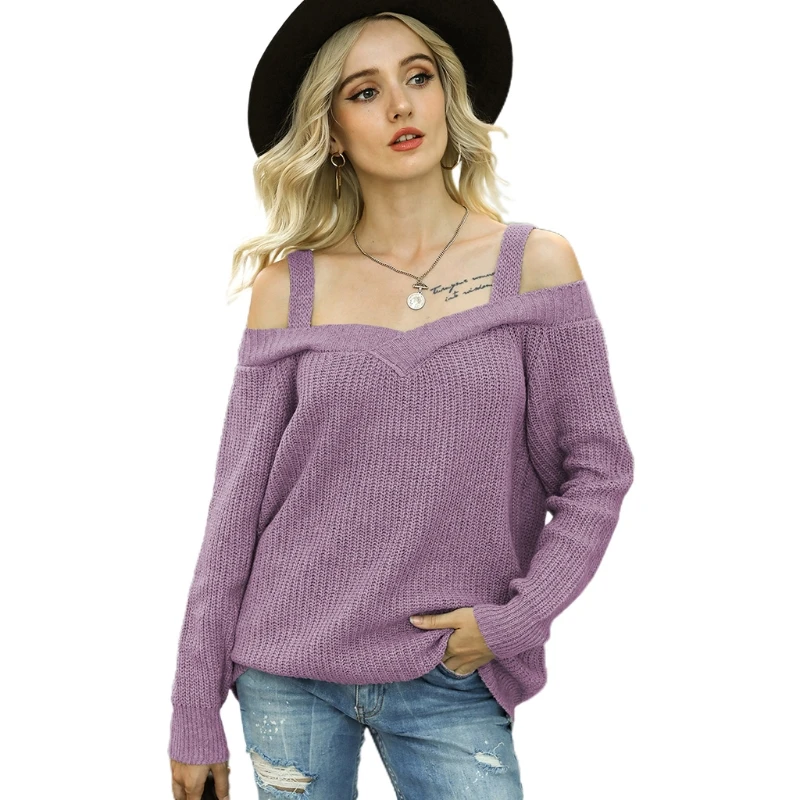 

Women Autumn Long Sleeve Chunky Knitted Sweater Sexy Cutout Cold Shoulder Pullover Tunic Tops Solid Color Jumper Shirts
