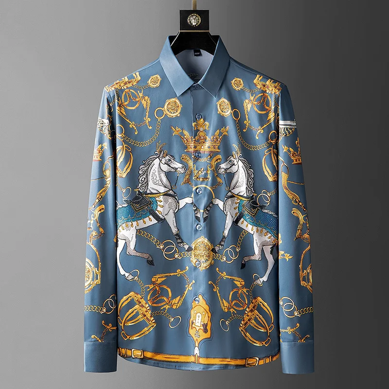 

Luxury Crown Rhinestones Men Shirt Long Mouw Slender Casual Shirt European Style Social Party Tuxedo Business Formal Dress Shirt