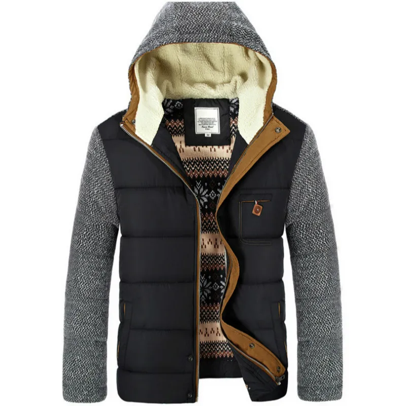 

Winter Men's Thick Jackets Knitted Long Sleeve Hooded Parkas Patchwork Full Zipper Fashionable Causal Fleece Padded Coat EU Size