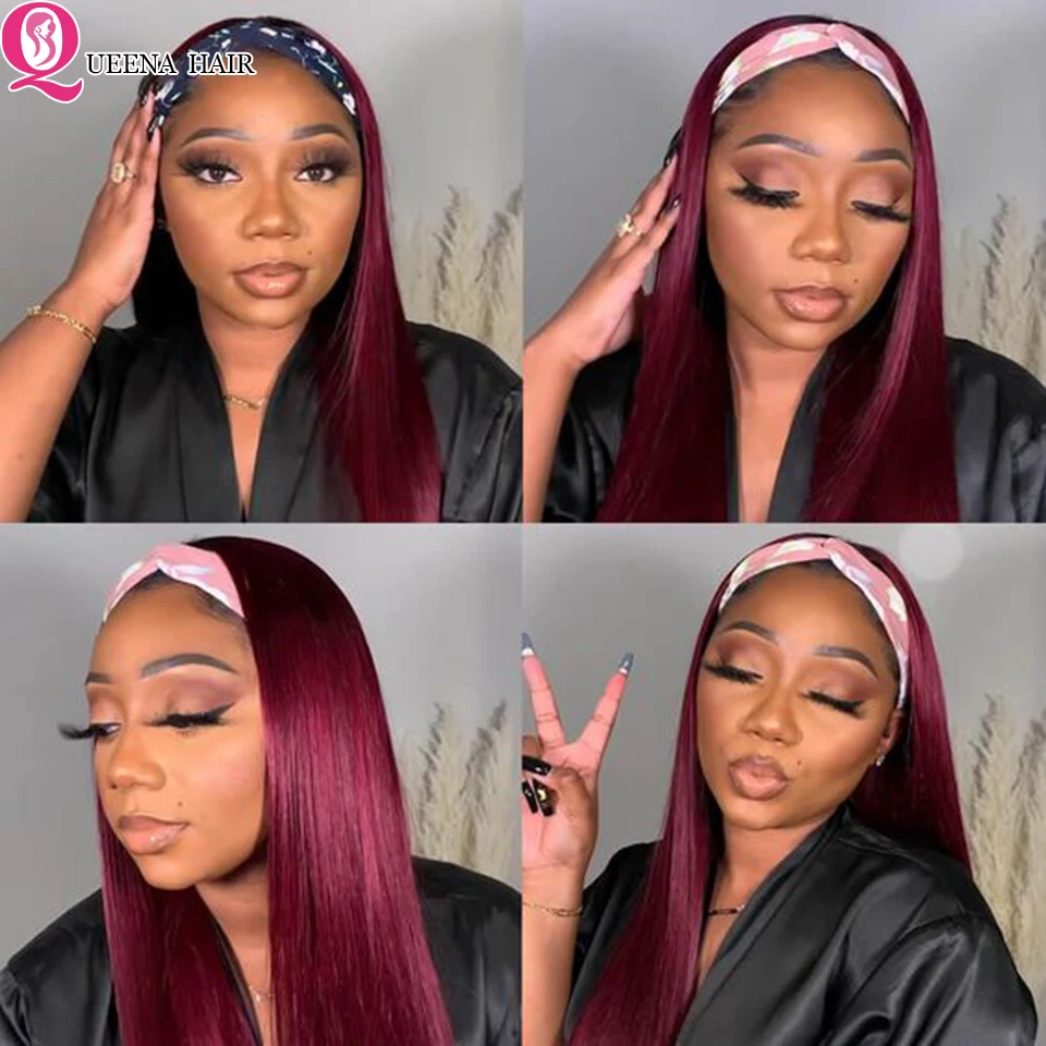 

Ombre 1B 99J Wig Headband Humain Hair Wigs for Black women Remy Straight Brazilian No Glue Ombre Headband Human Hair Wig 150%