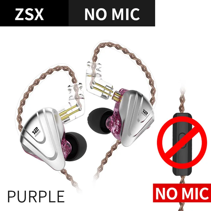 ZSX Purple NoMic KZ ZSX Терминатор металлические наушники в ухо 12 единиц Гибридный 5BA+ 1DD HIFI бас наушники шумоподавление Гарнитура монитор - Цвет: ZSX Purple NoMic