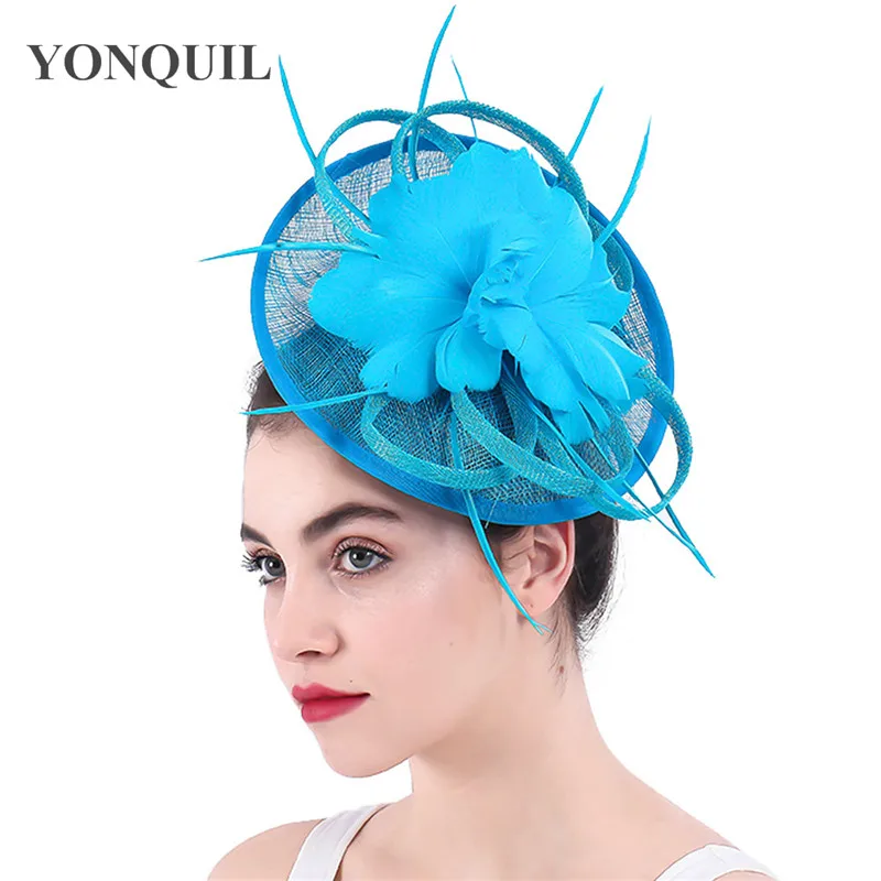 

Summer Turquoise Feather Flower Hair Fascinators Headband Sinamay Cocktail Party Fashion Headpieces Women Elegant Fedora SYF327