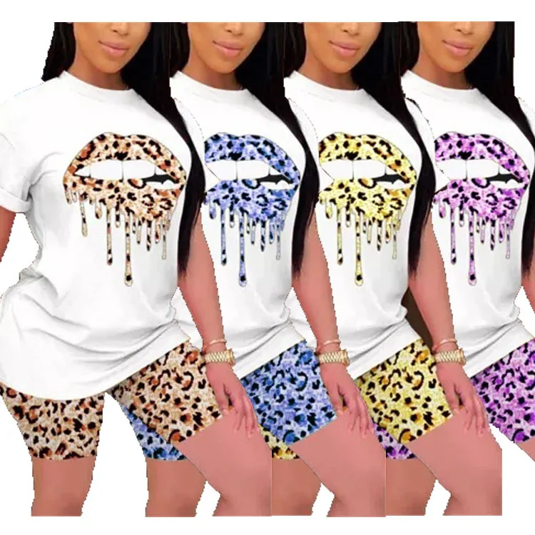 

European and American plus size women's new casual suit big lips printed T+ leopard pants two-piece suit two piece set women