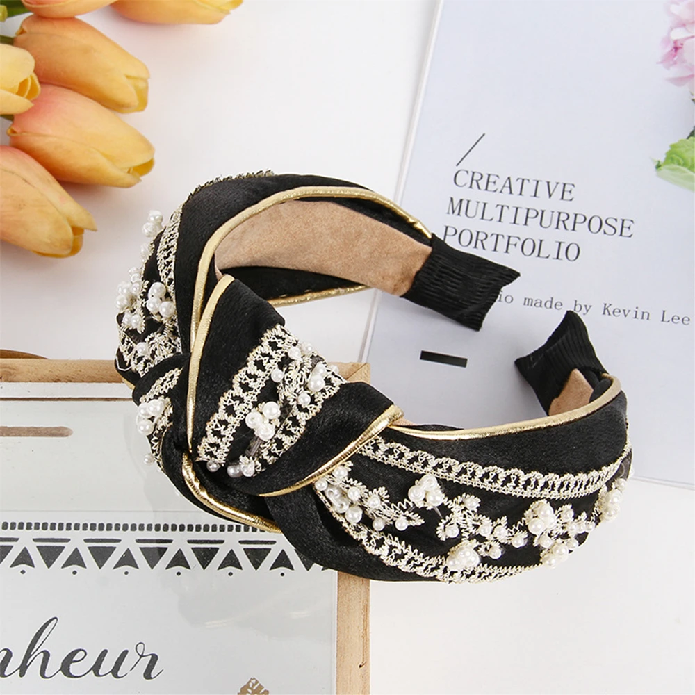 

Korean New Style Fashion Women Crystal Pearl Lace Wide Headband