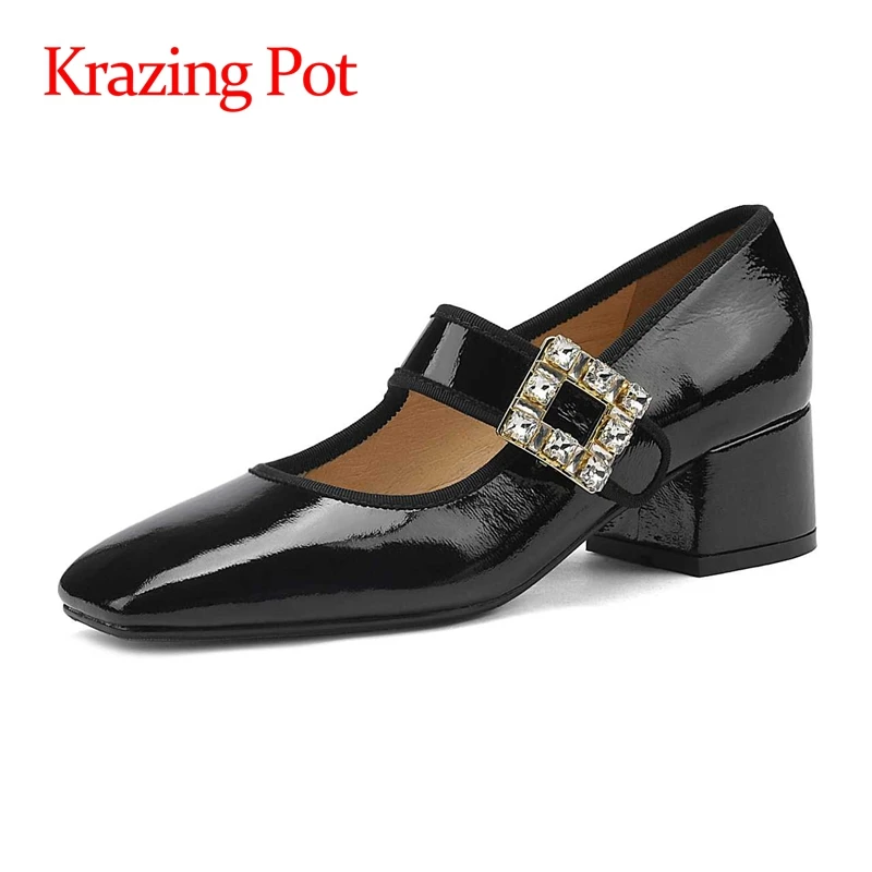

Krazing Pot genuine leather square toe high heels rhinestone buckle gorgeous Korean style beauty girls dating women pumps L07