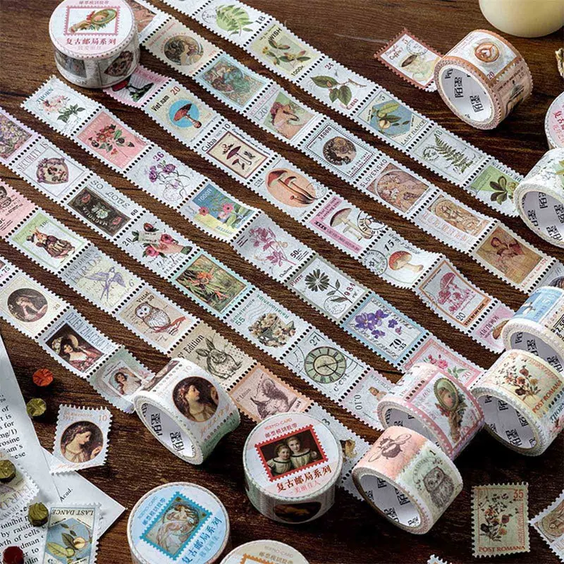 

2.5cm Stamp Paper Tape Retro Post Office Coffee Plant Handbook Diary Decoration Stickers New 1roll 8 Styles Vintage Washi Tape